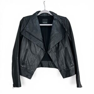 Trouve ~ Womens Black Leather Asymmetrical Moto Jacket Ribbed Panels XS